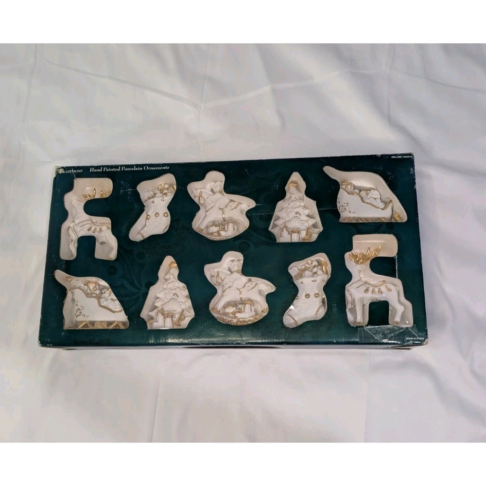 Traditions 10 Pc Hand Painted Porcelain Christmas Ornaments White Gold Boxed